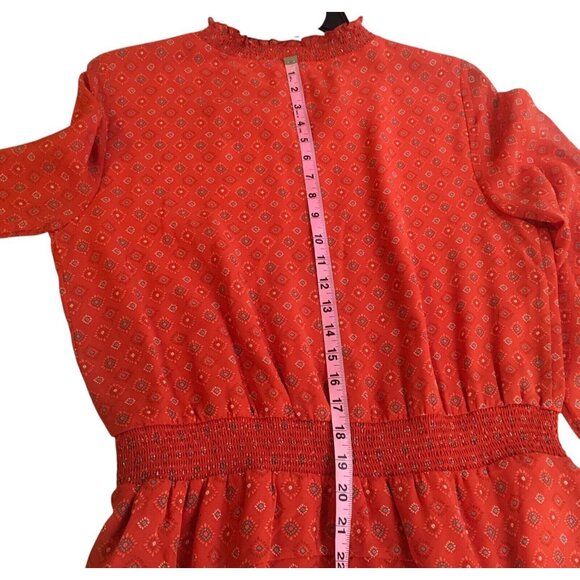 Boho Handkerchief hem Dress Women Large 12/14 red Orange print Long Sleeve - Picture 9 of 16